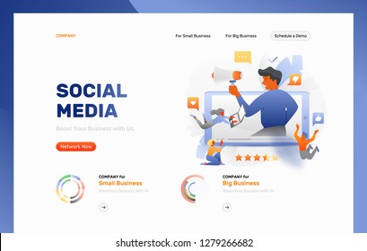 Vector web page header template of an influencer marketing on social media. Tiny people around big blogger with megaphone sticking out of a video player on mobile phone.