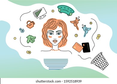 Vector web page, illustration of smart consumption, buying with sustainable benefits. Face of young woman with consume things: sofa, clothes,TV, bag, cosmetics, furniture. Environment Implications. - Shutterstock ID 1592518939