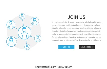 Vector web page Join Us template with hand-drawn persons. Design concept illustration with white background.
