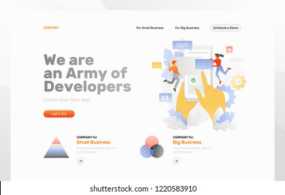 Vector web page template of app development. Big hands with cellphone surrounded by tiny developers.