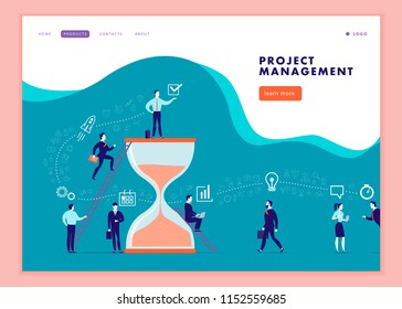 Vector web page template for business communication, workflow, online consulting, time management, team work. Landing page design. Office people work together. Banner, mobile app illustration concept.