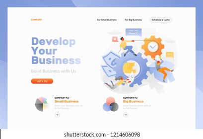 Vector web page template of business development. Big cogwheels with money symbols surrounded by tiny developers.