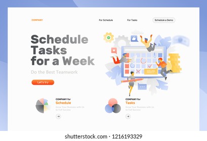 Vector web page template of business planning. Big tablet screen and week calendar surrounded by tiny developers.