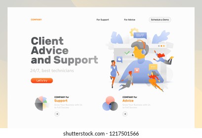 Vector web page template of client advice and support. Big screen with a man in headset surrounded by tiny customers.