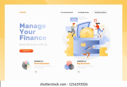 Vector web page template of a financial management. Big wallet with coins and paper money surrounded by tiny developers.