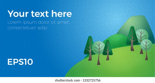 Vector web page template with illustration of forest and mountains with grain texture. on blue background/ Colorful banner for leaflet, web site or presentation.