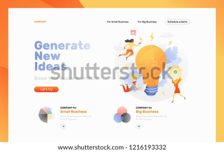 Vector web page template of a new idea developing. Big light bulb with high voltage symbols surrounded by tiny developers.