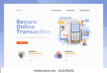 Vector web page template of an online transactions. Big cellphone and pos-terminal surrounded by tiny developers.