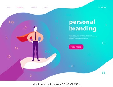 Vector web page template for personal branding, business communication, consulting, planning. Landing page design. Businessman standing as super hero on human hand. Web banner, mobile app illustration