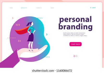 Vector web page template - personal branding, business communication, consulting, planning. Landing page design. Business lady standing as super hero on human hand. Web banner, mobile app illustration