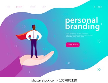 Vector web page template for personal branding, business communication, consulting, planning. Landing page design. Businessman standing as super hero on human hand. Web banner, mobile app illustration