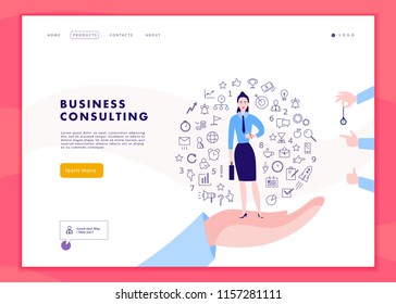 Vector web page template for time management project, business communication, consulting, planning. Landing page design. Business lady stand on human hand. Web banner, mobile app illustration concept.