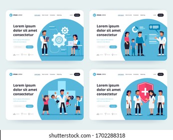 Vector web page templates collection of online medical support, specialization, advisor. Health insurance, health care plan, medical team, app for finding the closest doctor, hospital, and pharmacy. 
