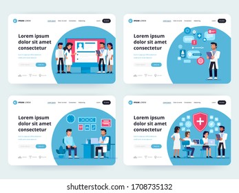 Vector web page templates collection of online medical support, specialization, advisor. Health insurance, health care plan, medical team, app for finding the closest doctor, hospital, and pharmacy. 