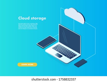 Vector web page of uploading media to the cloud with copy space. Smartphone tablet and laptop on blue background