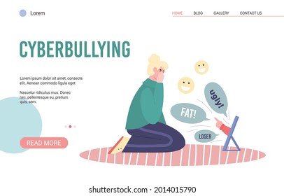 Vector web page with upset girl suffering from cyberbullying, trolling and abuse in internet. Woman crying because of online bullying, harassment and unfriendly messages in network