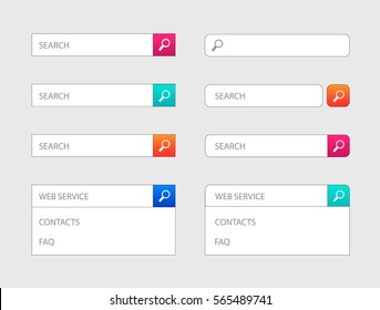 Vector web search bar design templates. Set of icons in colorful bars or icons for graphic user interface on websites, applications, infographic.