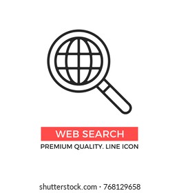 Vector web search icon. Magnifying glass and globe. Premium quality graphic design elements. Modern sign, linear pictogram, object, outline symbol, simple thin line icon