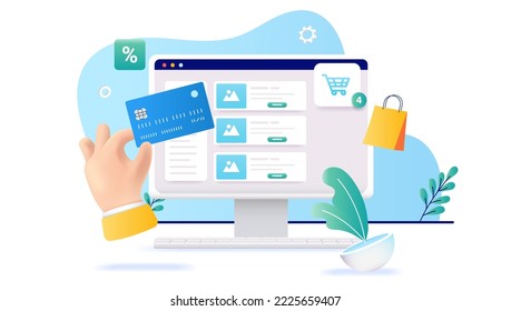 Vector web shop - Hand with credit card buying abstract products on online store. 3d style illustration with white background