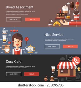 Vector web site banners, headers illustrations with modern flat design coffee-shop, cafe and bakery icons