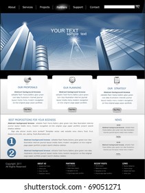 Vector web site is black and blue with building for business