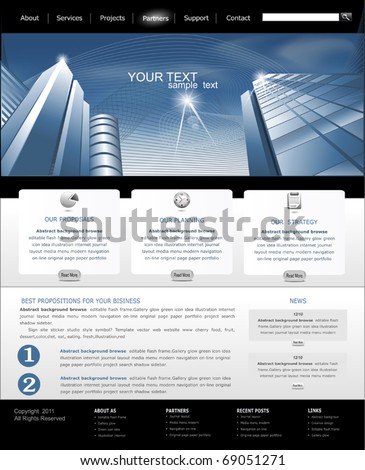 Vector web site is black and blue with building for business