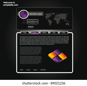 vector web site for company webdesign with dark background, world map and glossy buttons