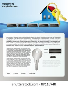 vector web site for company webdesign with white background, blue wave header, house icon and key