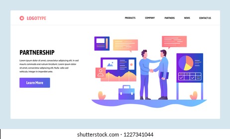 Vector web site design template.  Business partnership. Businessmen cut a deal with finance charts on background. Landing page concepts for website and mobile development. Modern flat illustration.