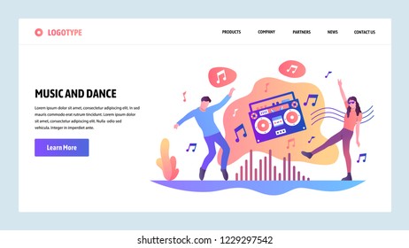 Vector web site design template. People listening music and dancing. Landing page concepts for website and mobile development. Modern flat illustration.