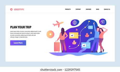 Vector web site design template. Plan your trip and go travel. Route planing and booking. Landing page concepts for website and mobile development. Modern flat illustration.