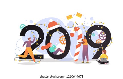 Vector web site design template. Christmas and New Year 2019 party holiday. 2019 Year landing page concepts for website and mobile development. Modern new flat illustration. People hold 2019 sign.
