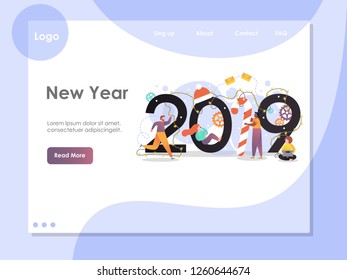 Vector web site design template. Christmas and New Year 2019 party holiday. Landing page concepts for website and mobile development. Modern new flat illustration. People hold 2019 sign.