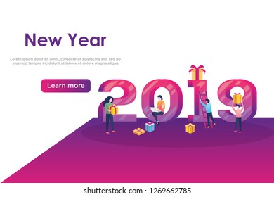 Vector web site design template. Christmas and New Year 2019 party holiday. 2019 year landing page concepts for website and mobile development. Modern new flat illustration. - Vector