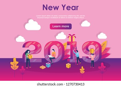 Vector web site design template. Christmas and New Year 2019 party holiday. 2019 year landing page concepts for website and mobile development. Modern new flat illustration.
