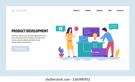 Vector web site design template. New product development, creatice idea. Team in office. Landing page concepts for website and mobile development. Modern flat illustration