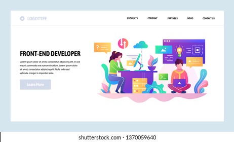 Vector web site design template. Software development, programmer writing code, teamwork. Landing page concepts for website and mobile development. Modern flat illustration.
