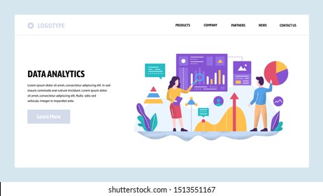 Vector web site design template. Data analytics concept. Financial report and presentation, teamwork in office. Landing page concepts for website and mobile development. Modern flat illustration.