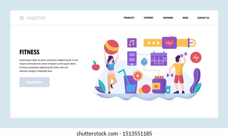 Vector web site design template. Fitness and healthy lifestyle. Couple working out in gym. Landing page concepts for website and mobile development. Modern flat illustration.