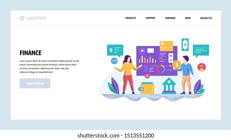 Vector web site design template. Business presentation and financial charts. Teamwork meeting. Landing page concepts for website and mobile development. Modern flat illustration.