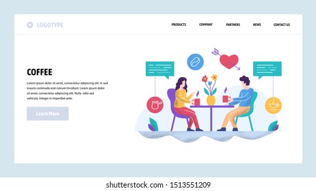 Vector web site design template. Couple on a date drinking coffee. Landing page concepts for website and mobile development. Modern flat illustration.