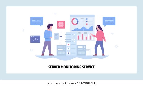 Vector web site design template. Data center server monitoring system. Network and computer performance chart. Landing page concepts for website and mobile development. Modern flat illustration.