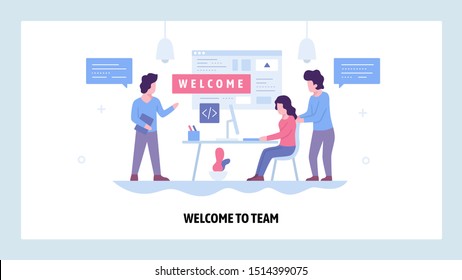 Vector web site design template. Welcome to the team. Business office, teemwork meeting. Landing page concepts for website and mobile development. Modern flat illustration.