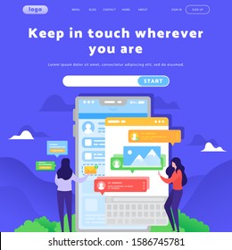 Vector web site design template. Social media and online messaging application, people chat. Landing page concepts for website mobile development. Modern flat illustration.