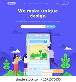 Vector web site design template. Smartphone application wireframe. Landing page concepts for website mobile development. Modern flat illustration.