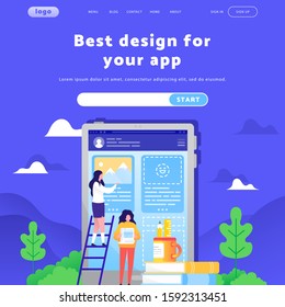 Vector web site design template. Female team build mobile application and website. Landing page concepts for mobile development. Modern flat illustration.