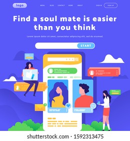 Vector Web Site Design Template. Online Dating Profile And Chat Messaging. Landing Page Concepts For Website Mobile Development. Modern Flat Illustration.