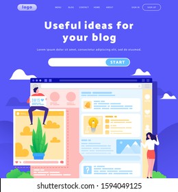Vector web site design template. Social media and blog content, people write and share photo. Landing page concepts for website mobile development. Modern flat illustration.