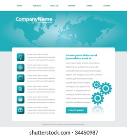 Vector web site design template with a world map and gears