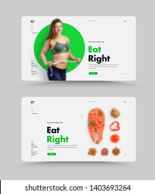 Vector web site first screen template for proper nutrition, trainer or nutritionist. Design with green elements and place for photo. Set